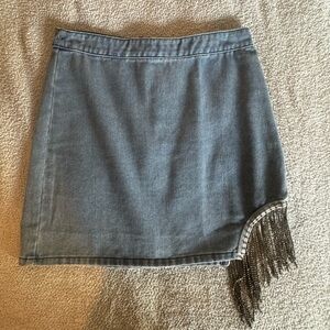 Denim Mini Skirt with Fringe Detail
